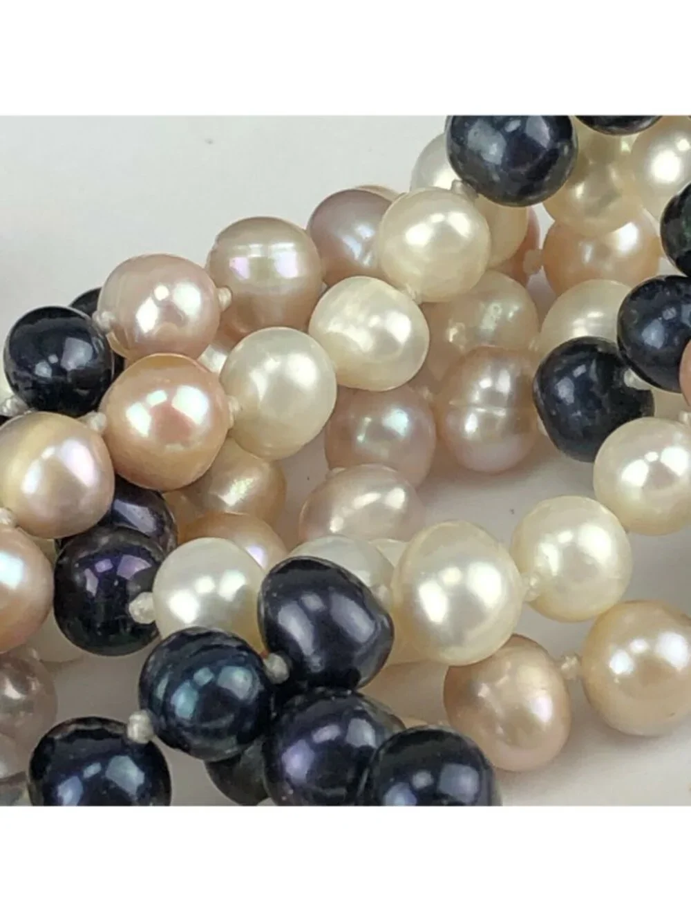 Tri-Color Extra Long 50" Pearl Necklace Pink White & Pewter - Picture 4 of 6